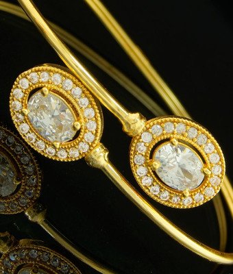 BCT124 - 2-6 size Modern Open Bangle Type Bracelet White Ad Stone Party Wear Gold Plated Bracelet Designs
